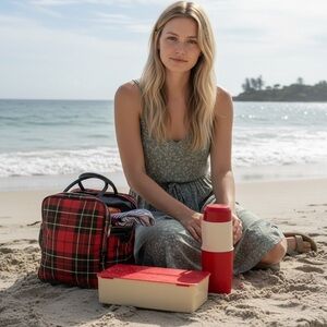 Vintage S&H Stamped Red Plaid Picnic Tote with Thermos and Thermos Storage Box
